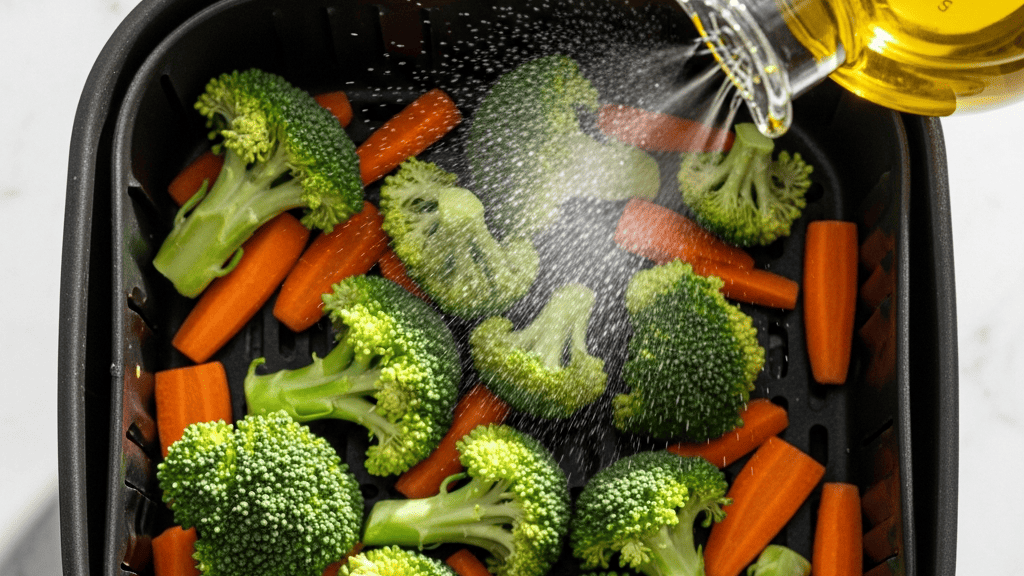 A fine mist of oil being sprayed over seasoned vegetables in an air fryer basket, light catching the spray