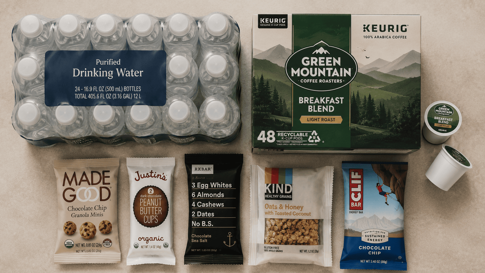 A flat-lay of single-serve packaging: a case of plastic water bottles, a box of coffee pods, individually wrapped snack packs