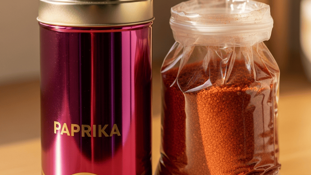 A glossy name-brand spice tin next to a plain bulk-aisle bag of the same spice, warm light