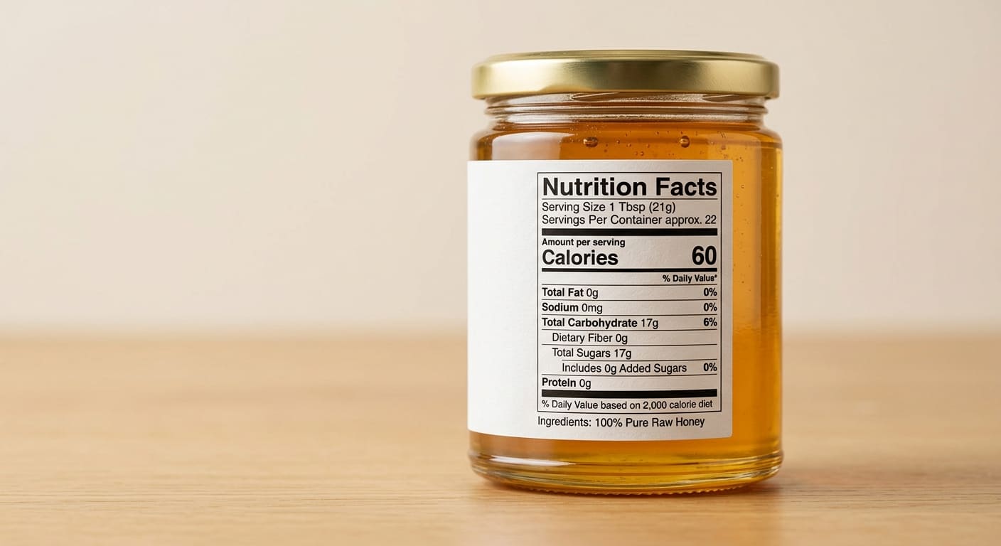 A honey jar's nutrition label in sharp focus, Includes Added Sugars visible, clean studio lighting
