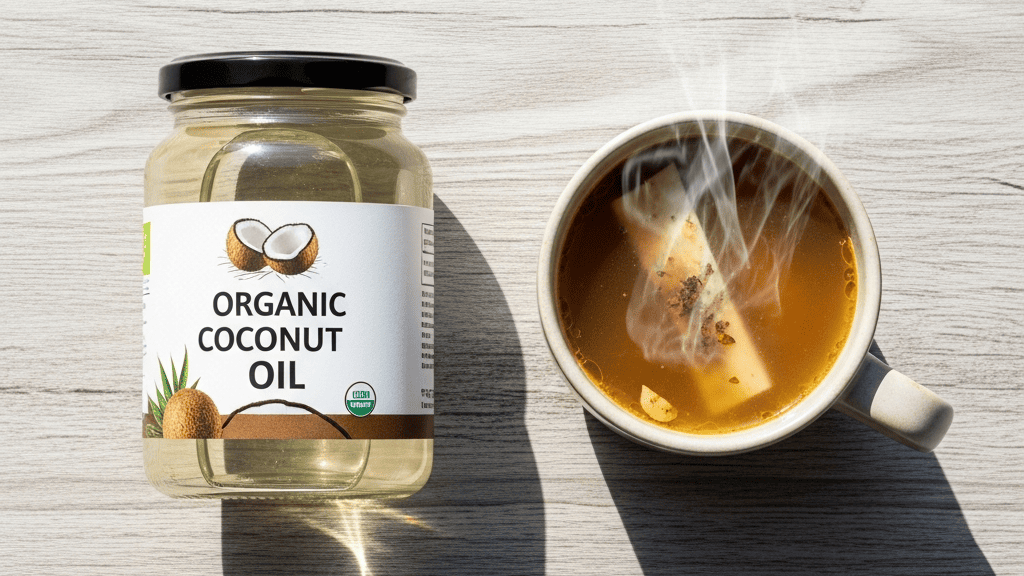 A jar of coconut oil and a steaming mug of bone broth on a rustic wood board in warm, slightly over-styled wellness lighting