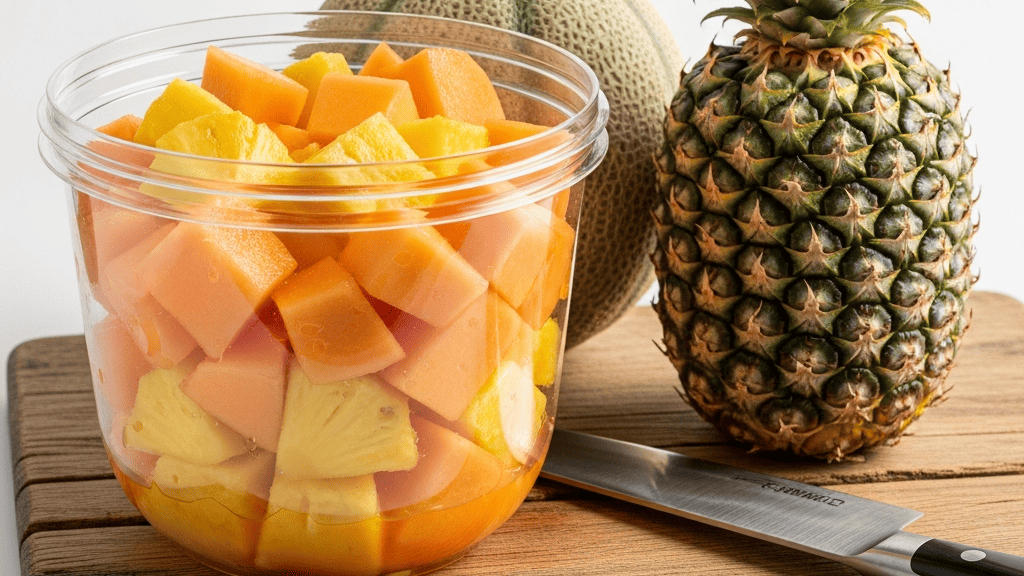 A plastic tub of pre-diced melon and pineapple beside the same whole fruits and a knife on a wooden board