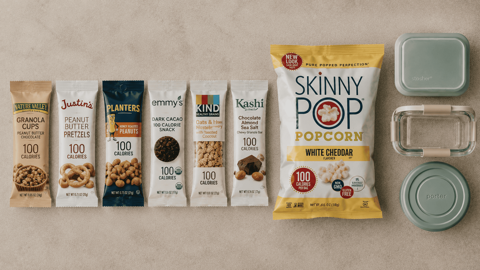 A row of individually wrapped 100-calorie snack packs next to one large bag and reusable containers