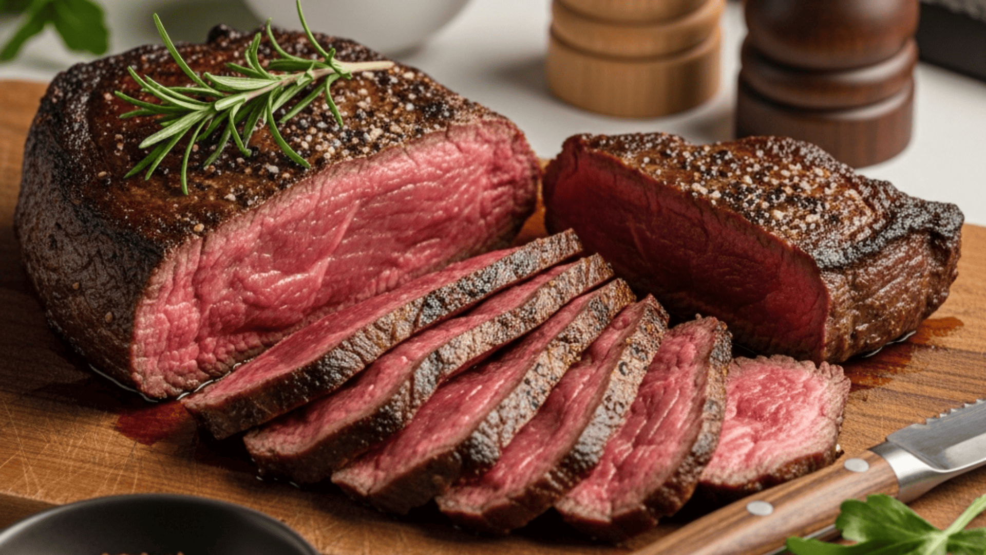 A sliced rested steak fanned on a board, rosy medium-rare interior, almost no liquid pooling, warm directional light