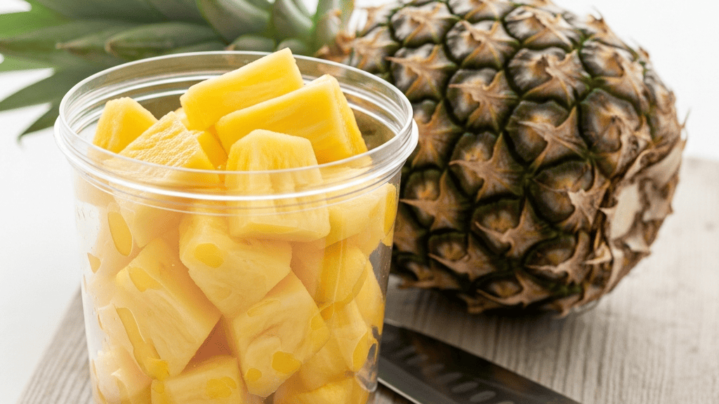 A split scene: a plastic tub of pre-diced fruit beside a whole pineapple and a knife on a wooden board
