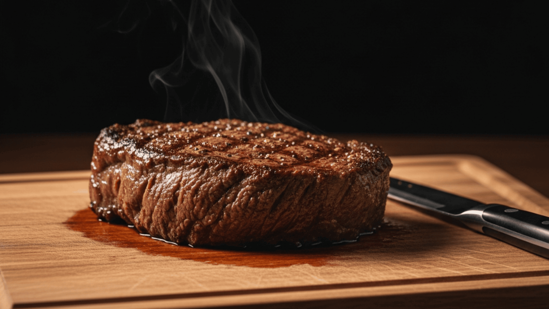 A thick, seared ribeye resting on a wooden board under warm low light, a faint sheen of juices, knife waiting beside it, steam barely rising