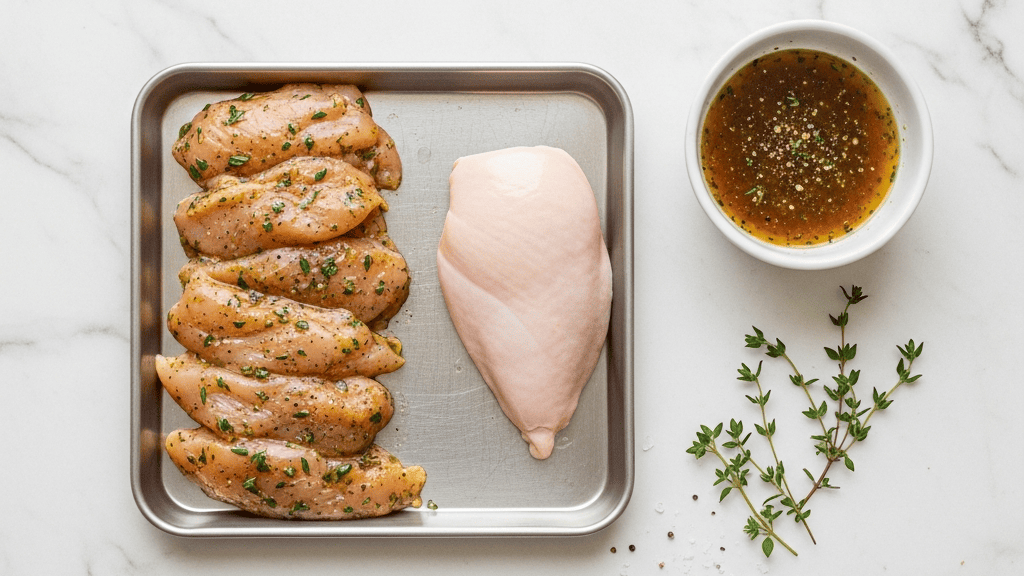 A tray of pre-marinated chicken next to a plain cut and a small bowl of homemade marinade with herbs