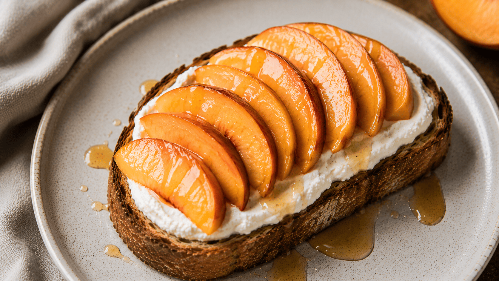 Blended smooth cottage cheese toast with sliced peaches and maple drizzle