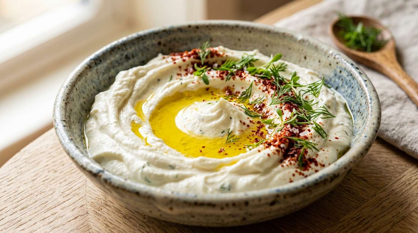 Bowl of thick plain Greek yogurt dip with fresh herbs, soft natural light