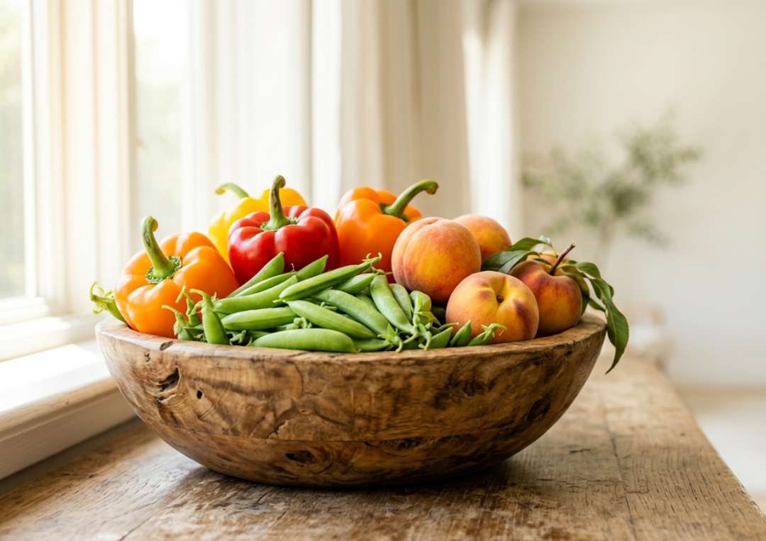 Bright overhead flatlay of fresh whole vegetables, herbs, lemon, olive oil on white marble — clean editorial food photography