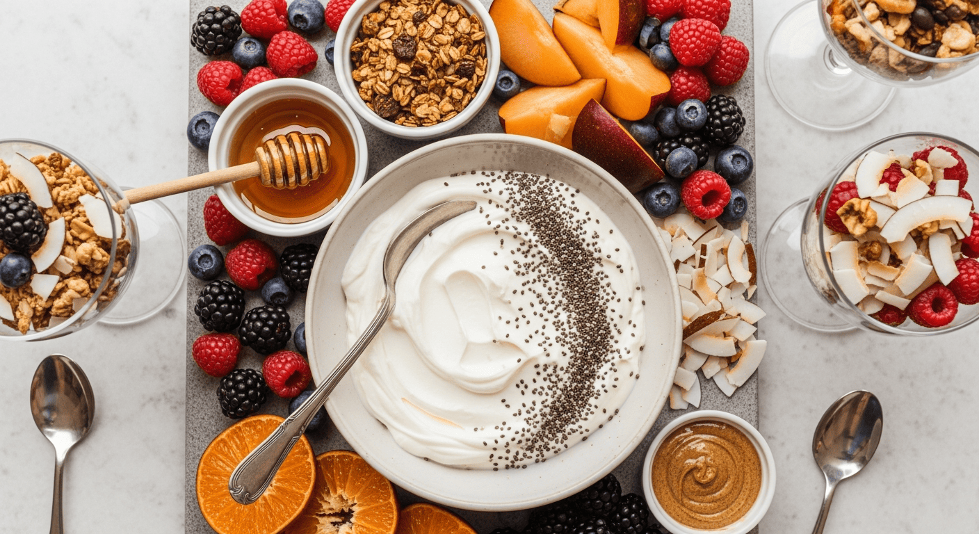 Yogurt and granola parfait bar board — a big bowl of thick Greek yogurt topped with chia seeds, surrounded by granola, honey, berries, sliced stone fruit and toasted coconut