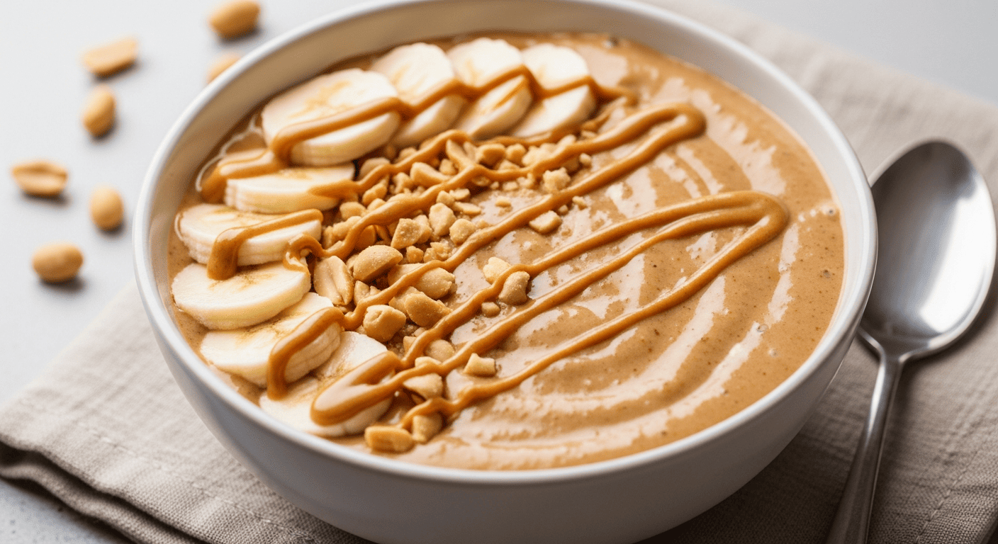 Caramel-tan peanut-butter-banana smoothie bowl with banana, crushed peanuts and a PB drizzle