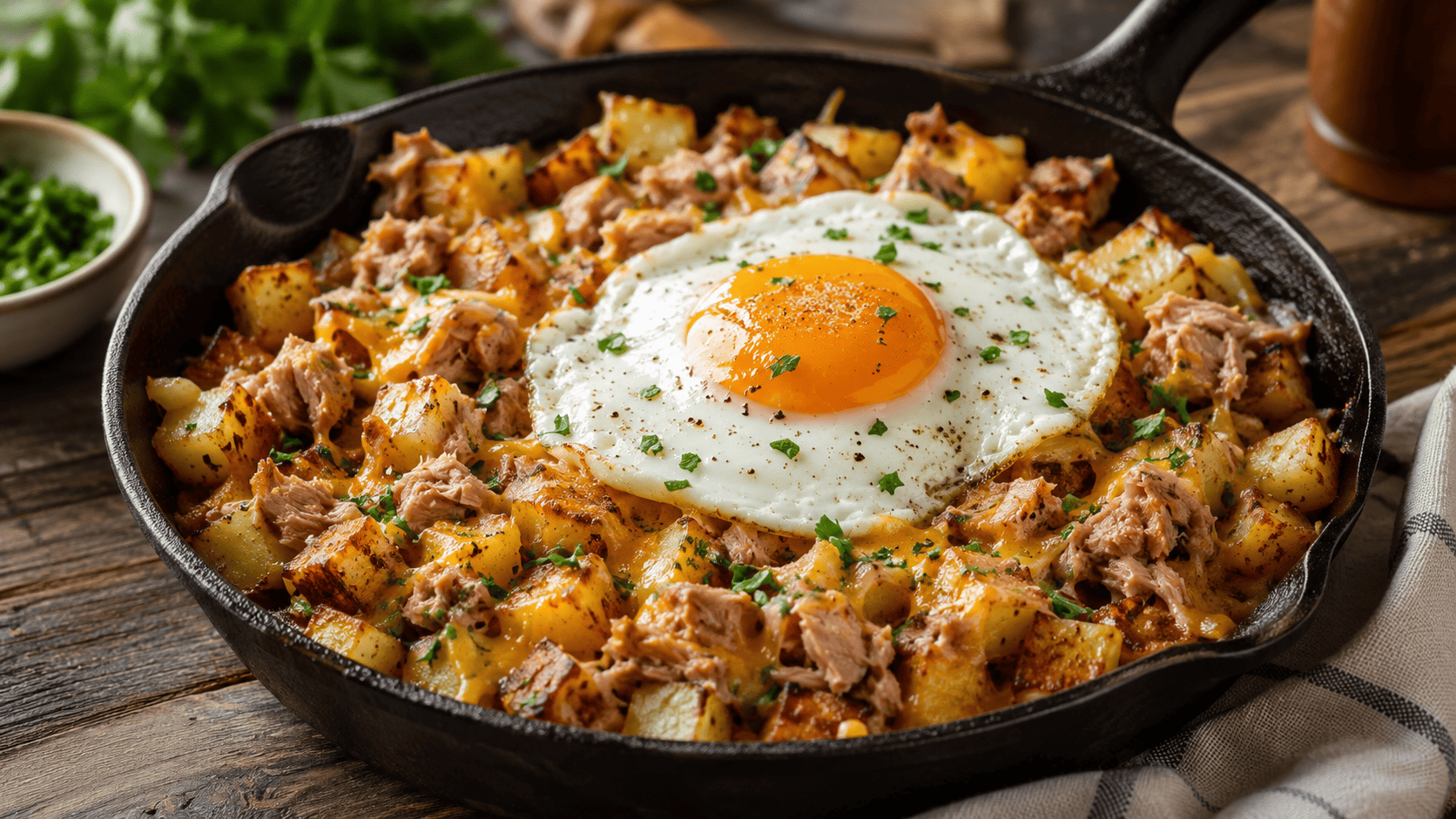Cast iron skillet of crispy diced potato hash with melted cheese and flaked tuna, fried egg on top, rustic kitchen light