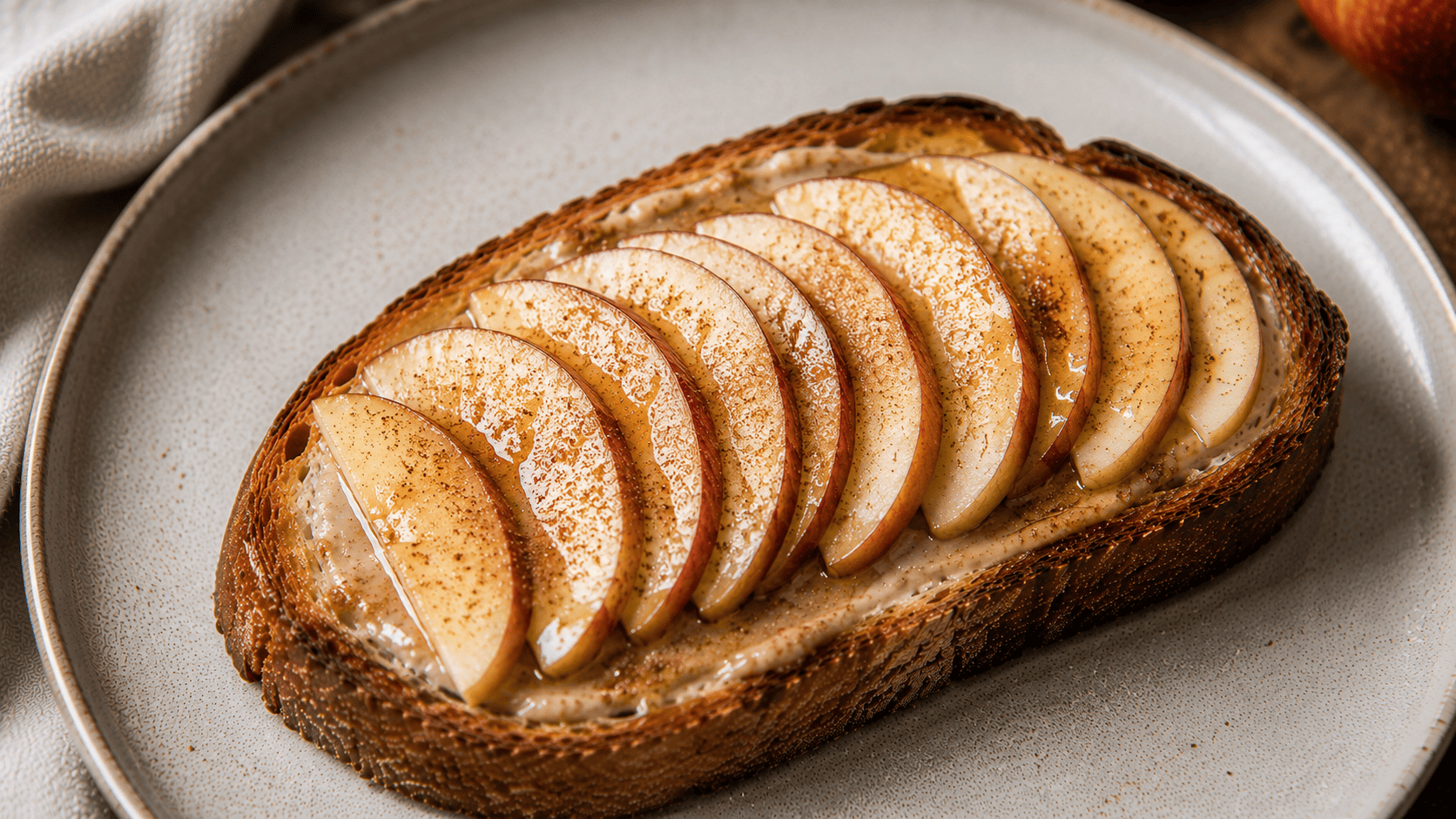 Cinnamon butter toast with thin fanned apple slices, warm melted edges