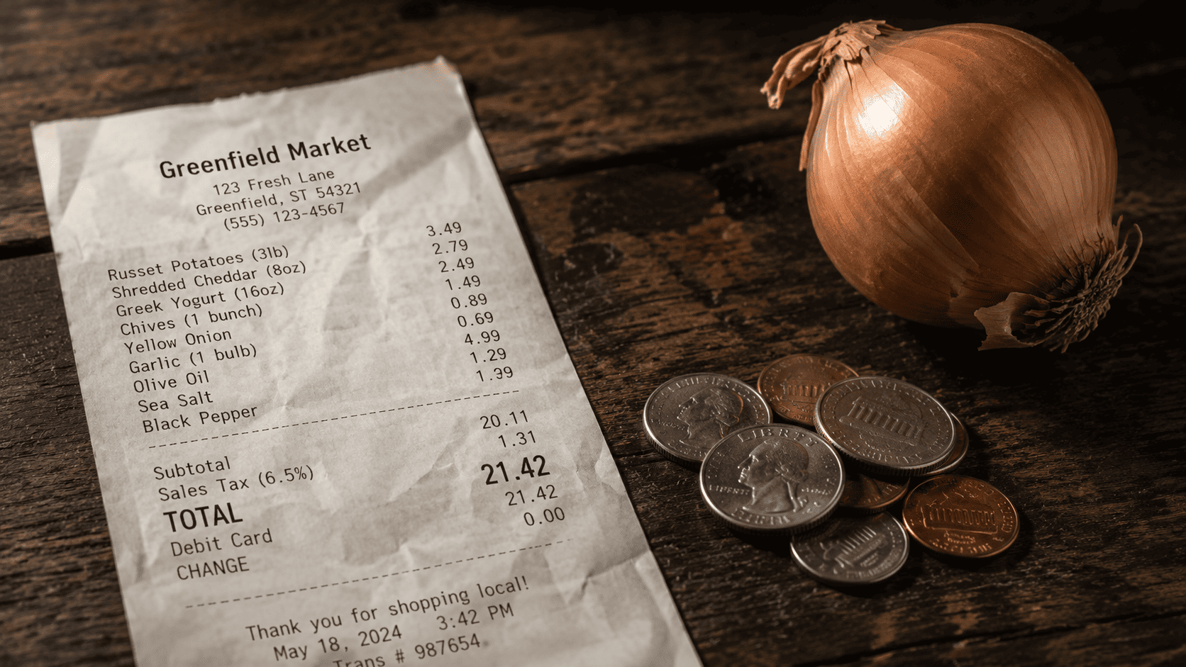 Close-up of a grocery receipt next to a small pile of coins and a single onion, moody natural light, slightly worn paper texture