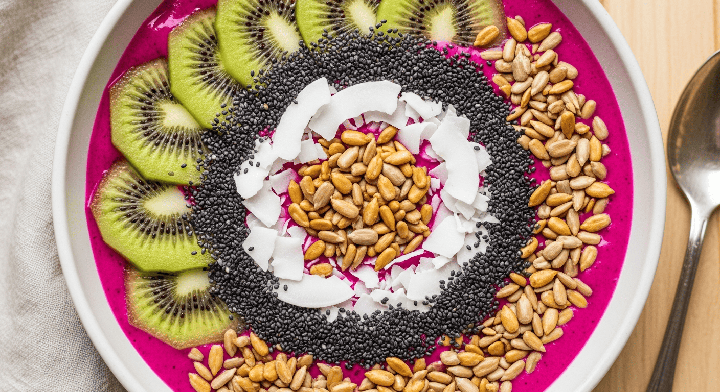 Close-up of a hot-pink pitaya bowl, toppings arranged in concentric rings — kiwi, coconut flakes, black chia, gold-tipped sunflower seeds — in bright daylight