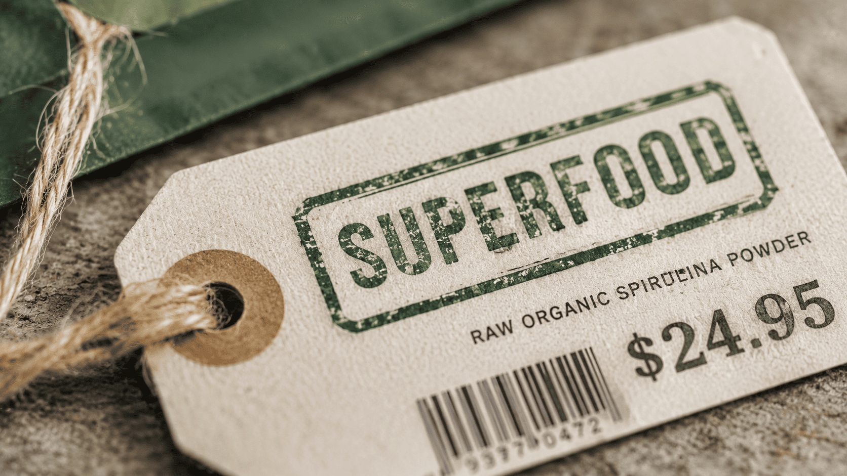 Close-up of a product label or price tag stamped with the word SUPERFOOD
