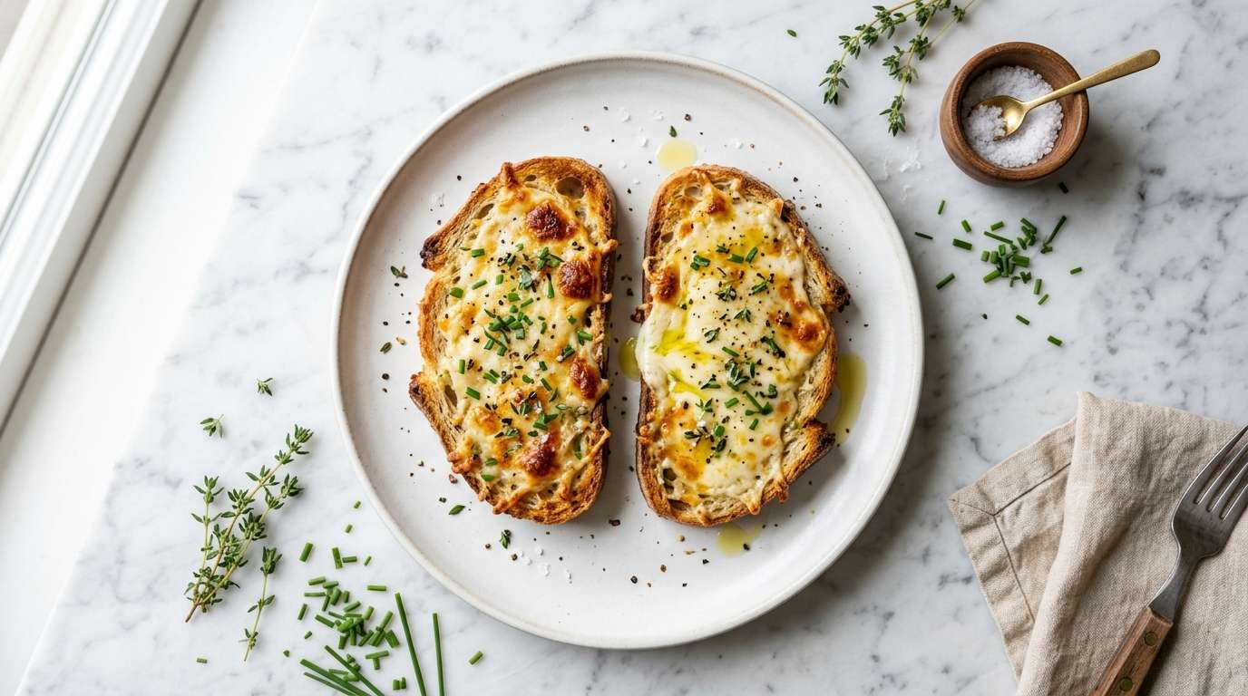 Close-up of golden bubbling cheese toast on a cast iron pan, slight char at the edges, warm amber kitchen light