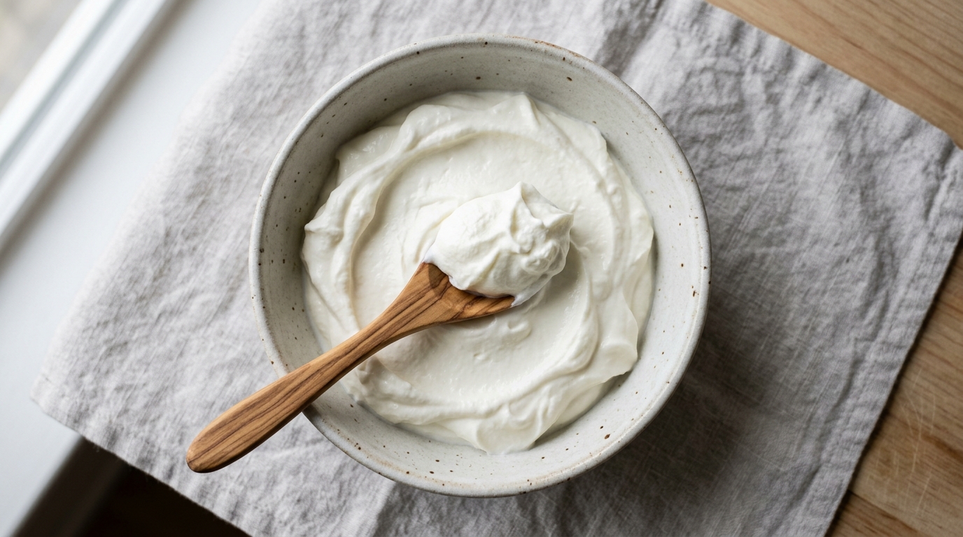 Close-up of thick strained yogurt with a spoon, showing the dense, ridged texture