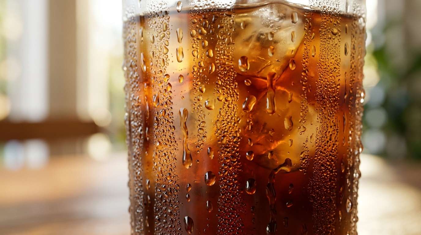 Condensation dripping down a tall glass of iced cold brew, dark marble surface, cinematic blue-black light