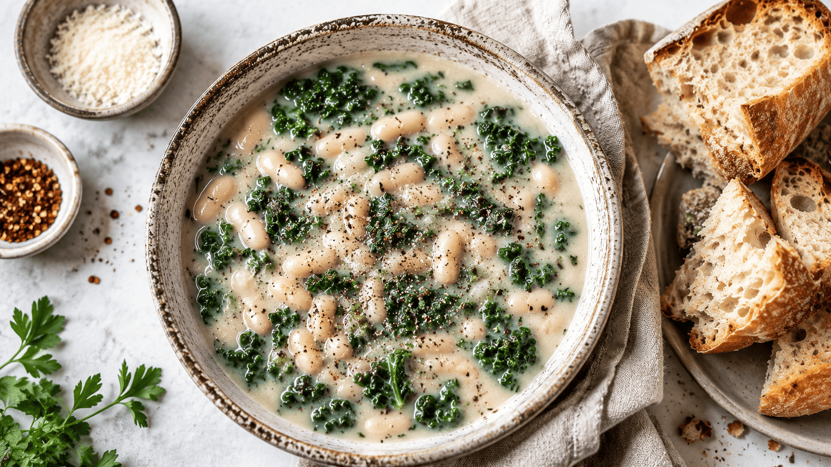 Creamy white bean and kale soup in a rustic bowl, torn bread on the side, soft overhead daylight