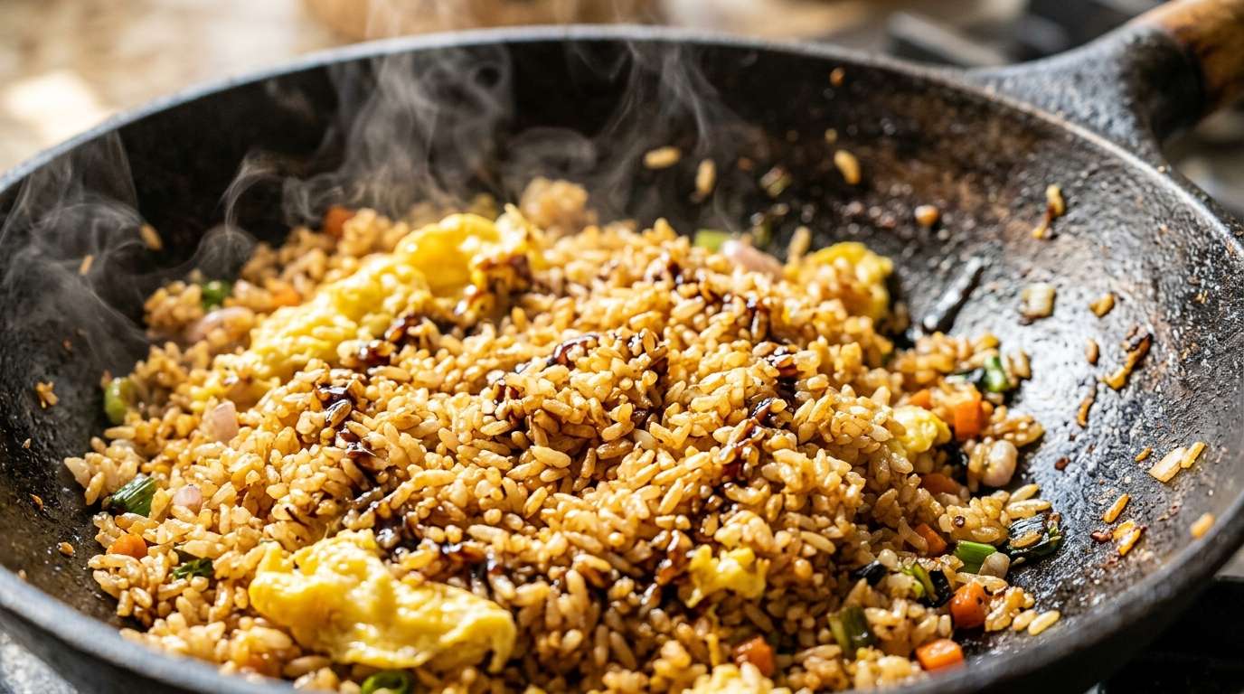Dark iron wok with golden crispy rice, egg folded through, drizzle of soy, steam, close-up texture shot