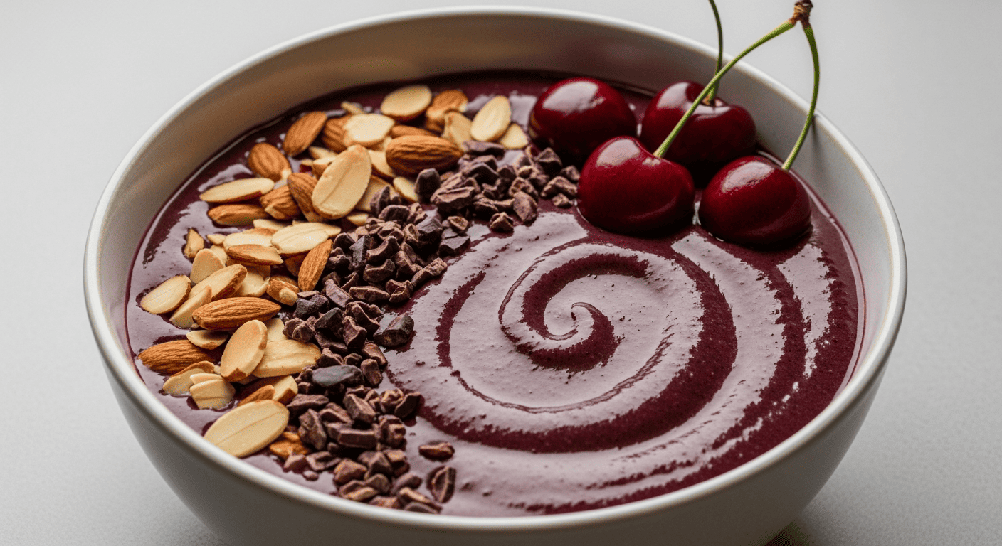 Dark wine-colored cherry smoothie bowl with toasted almonds and cacao nibs