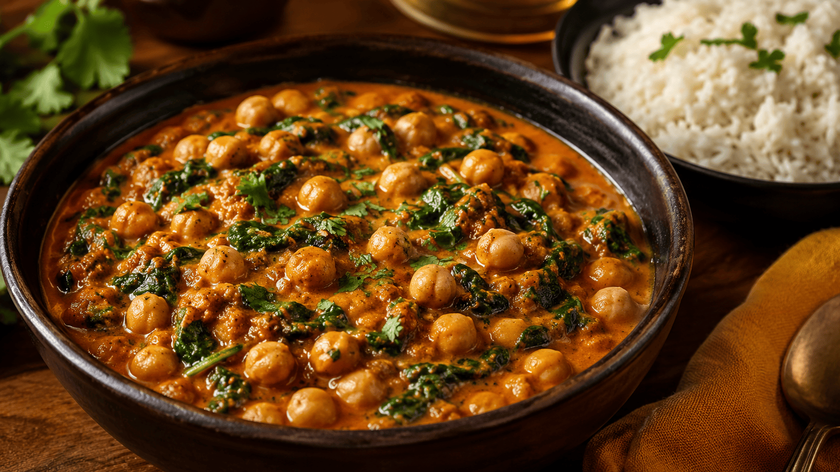 Deep golden-orange chickpea curry with wilted spinach in a dark bowl, steam rising, side of rice, warm spice-market lighting
