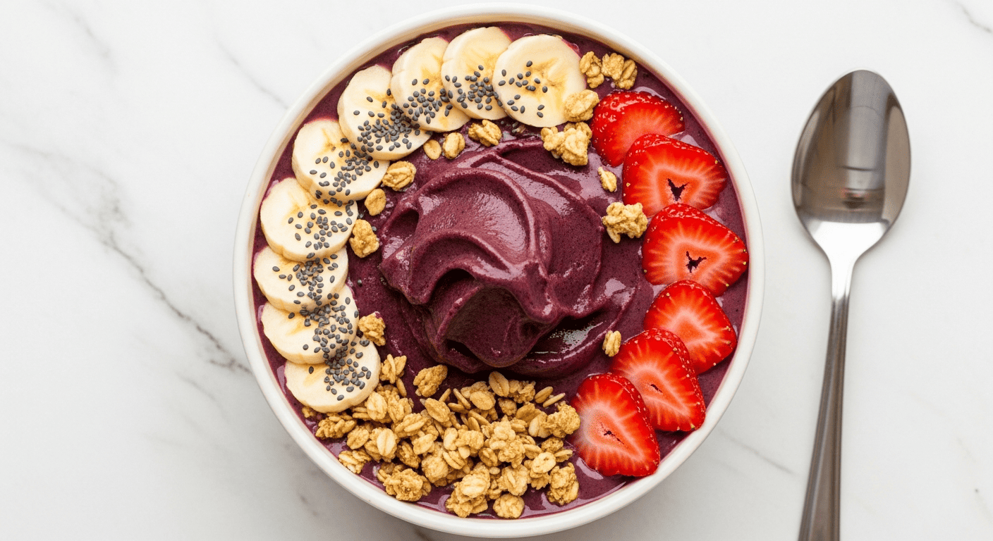 Deep-purple açaí bowl topped with granola, banana coins and strawberries