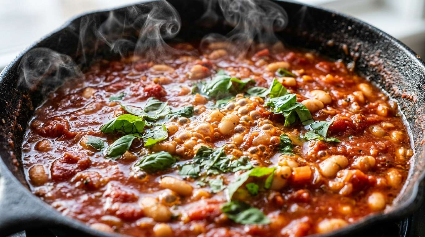 Deep red tomato-bean stew bubbling in a cast iron skillet, crusty bread alongside, steam, warm kitchen light