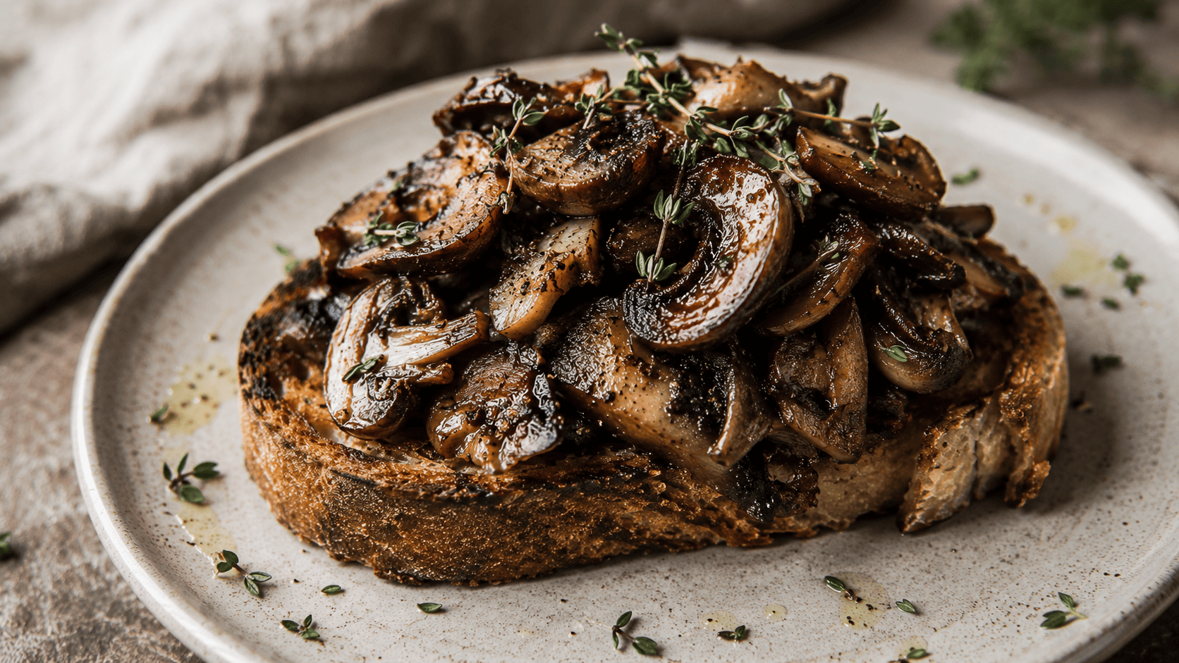 Deeply browned mushrooms with thyme piled on garlic-rubbed toast