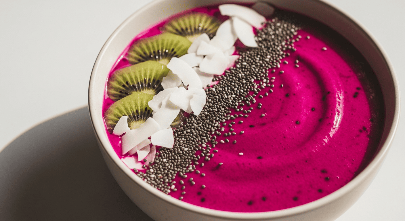 Electric hot-pink pitaya smoothie bowl with kiwi, coconut and black chia
