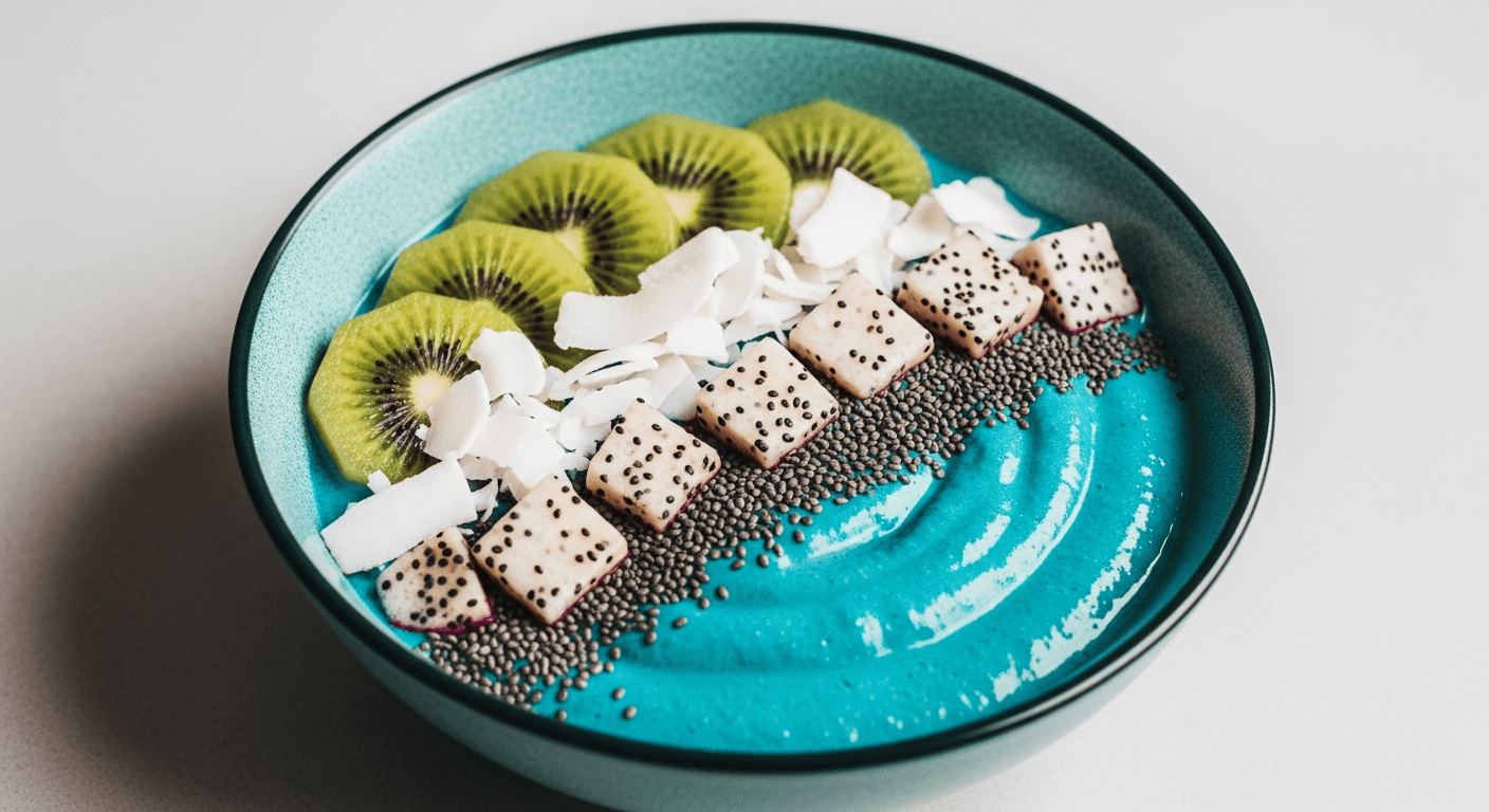 Electric turquoise blue-spirulina bowl with coconut, kiwi and white pitaya