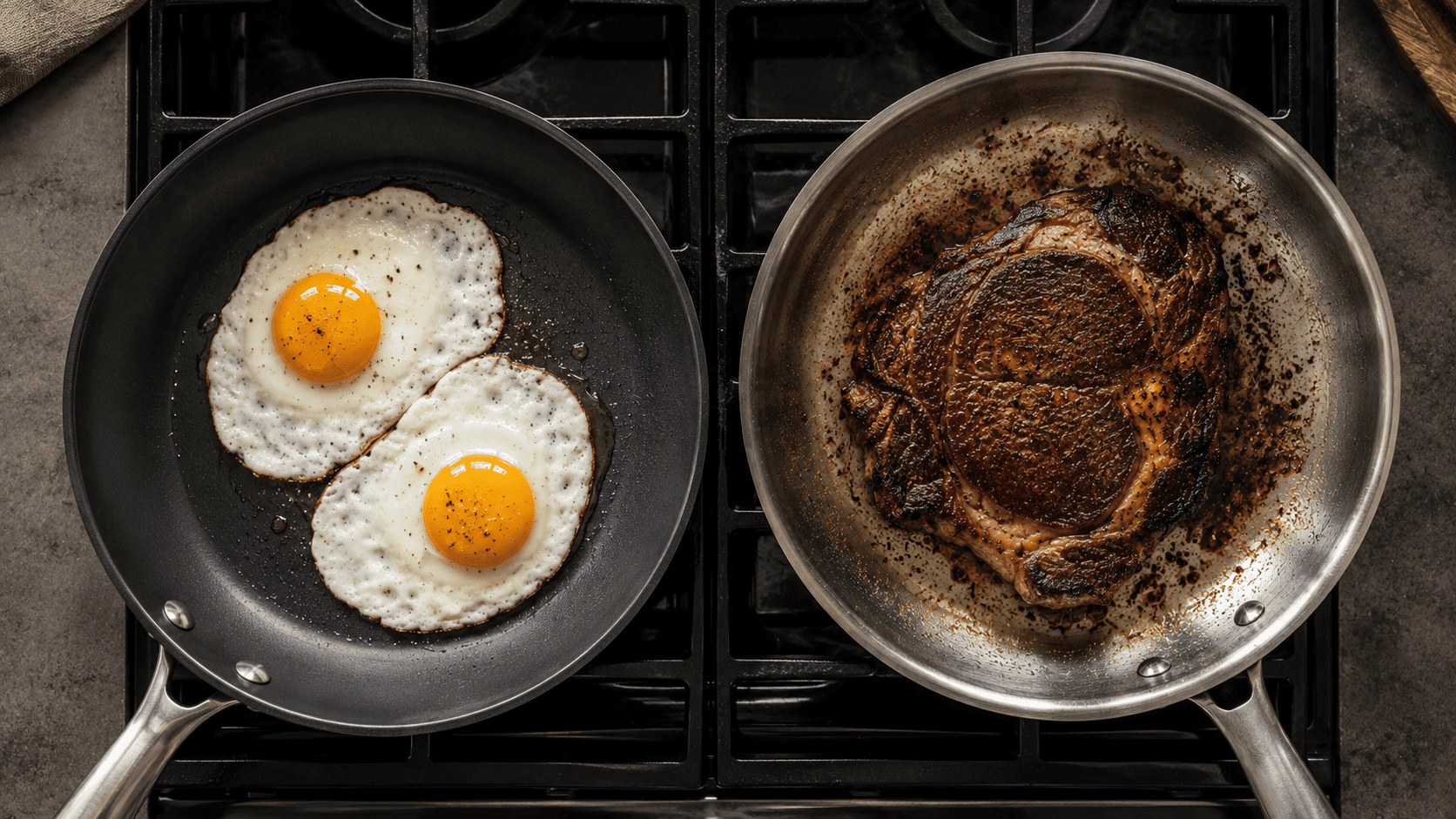 Flat-lay of both pans on a stovetop with eggs in one and a seared steak in the other, split composition