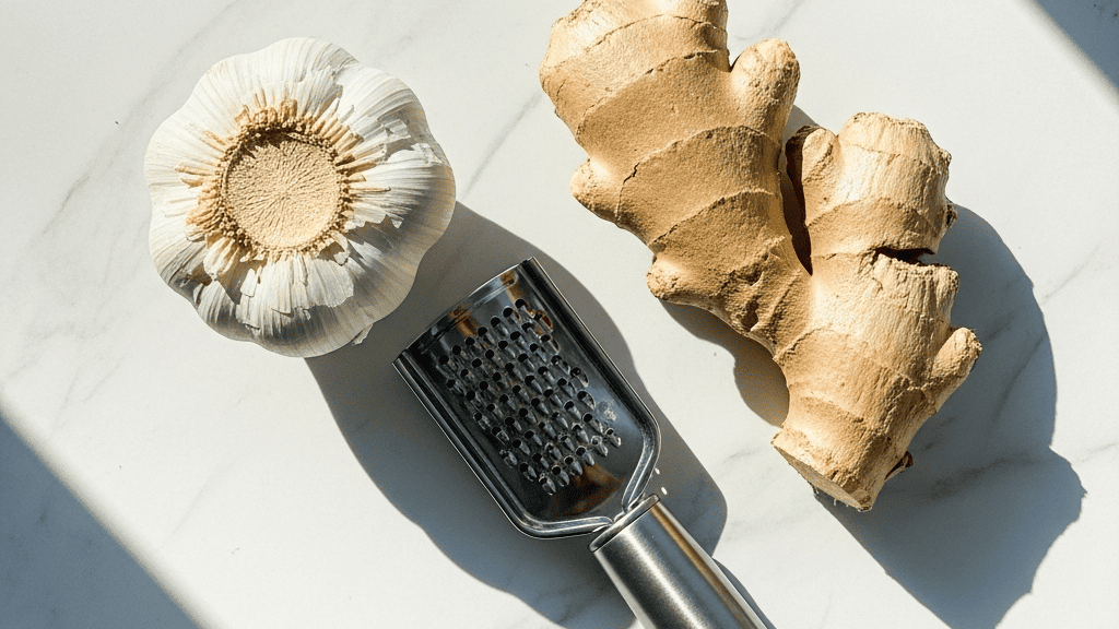 A jar of pre-minced garlic next to a fresh garlic head, ginger root and a microplane