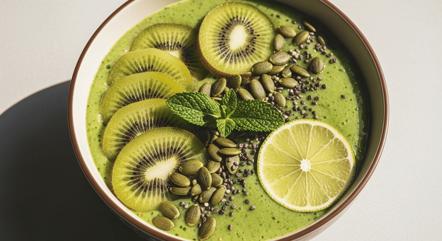 Fresh green kiwi-lime smoothie bowl with kiwi fans, pumpkin seeds and mint