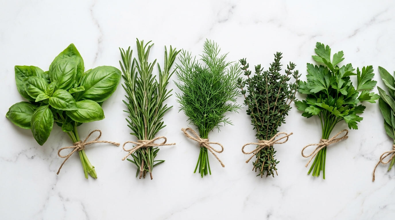 Fresh herbs — parsley, cilantro, mint, rosemary on a marble kitchen counter, soft morning light