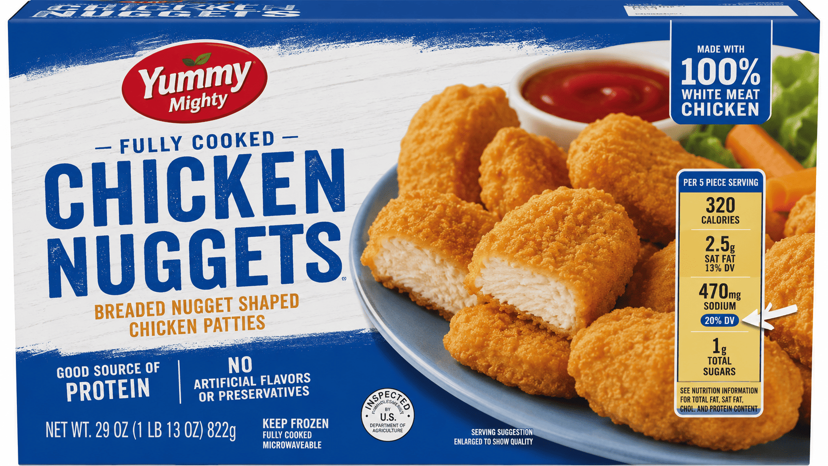 Frozen chicken nugget box nutrition label being read in a kitchen, soft daylight