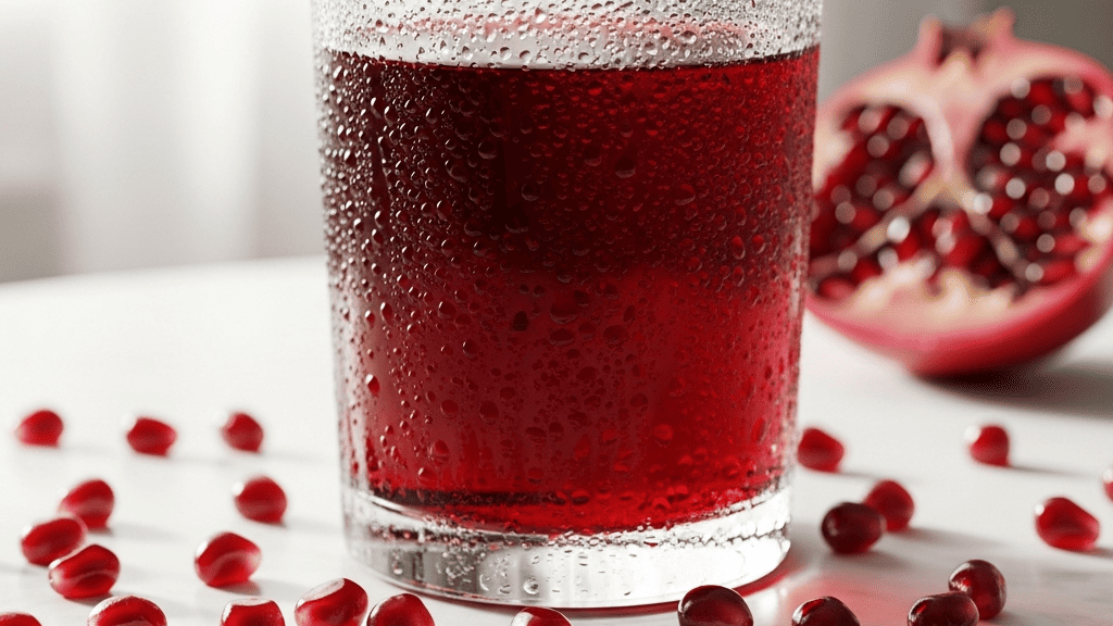 Glass of deep-red pomegranate juice with fresh pomegranate seeds scattered around it