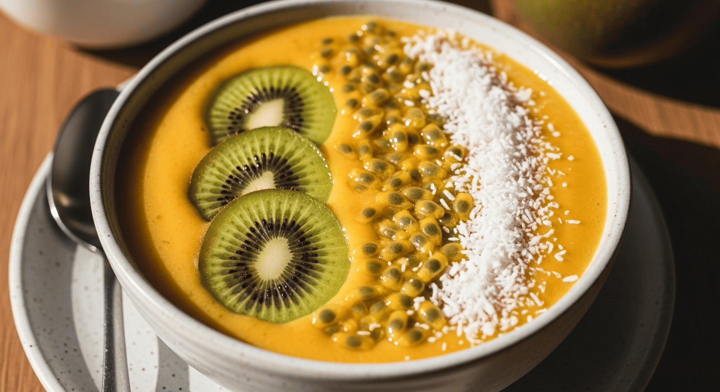 Glossy sunset-orange mango smoothie bowl with kiwi, passionfruit and coconut
