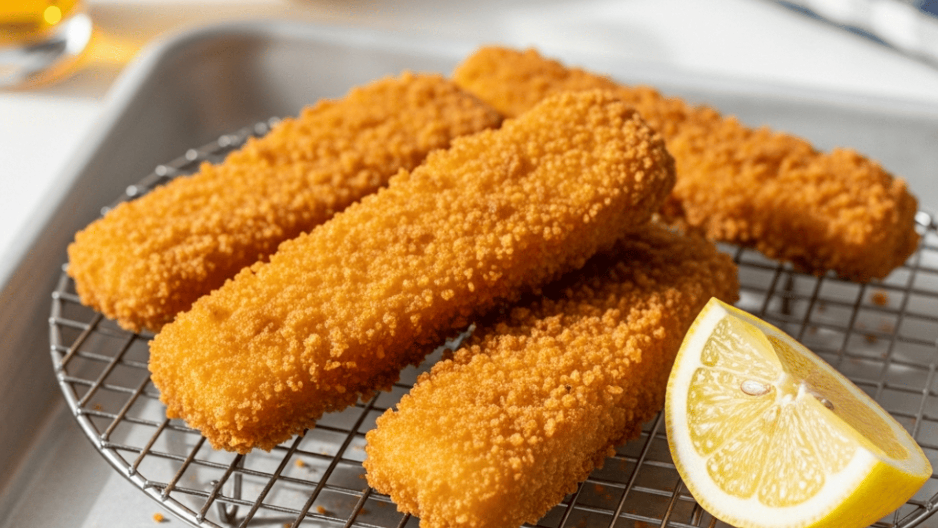 Golden panko-breaded fish sticks on a wire rack, fresh lemon wedge alongside