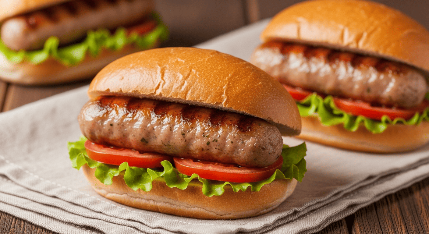 Grilled chicken sausage links in buns with toppings, summer cookout setting
