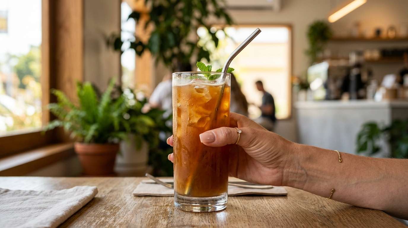 Hand holding iced drink in front of city window, afternoon light, condensation catching the sun