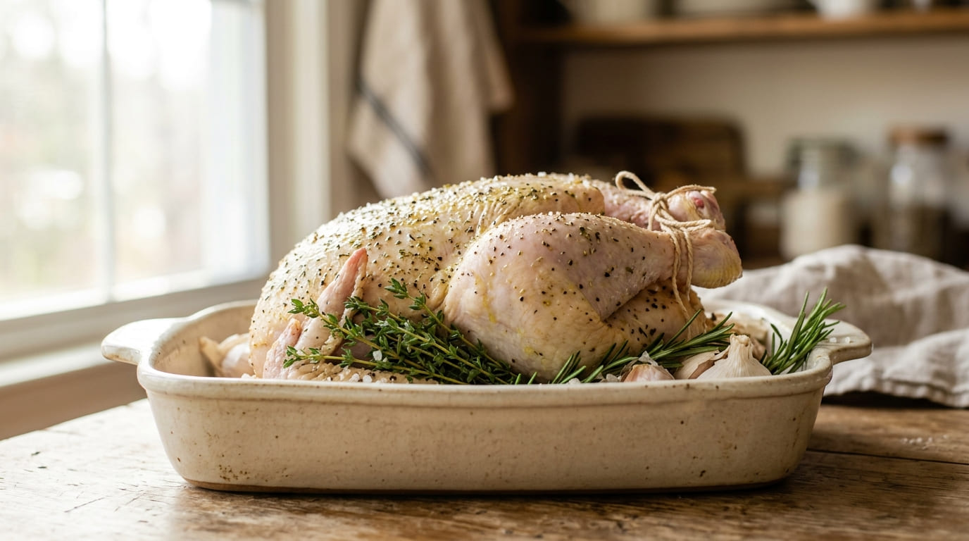 Herb-rubbed raw chicken in roasting pan with thyme, garlic and lemon, natural light