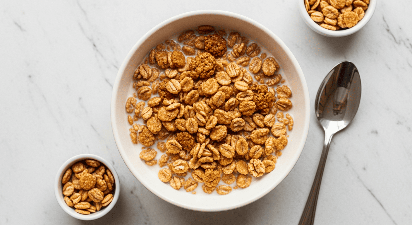 Homemade honey-oat clusters in a cereal bowl with milk, morning light