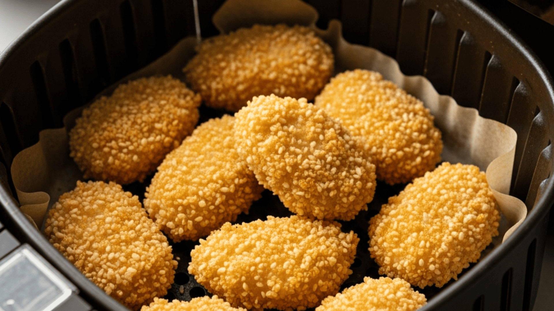Homemade panko-crusted chicken nuggets, golden and crisp, in an air fryer basket
