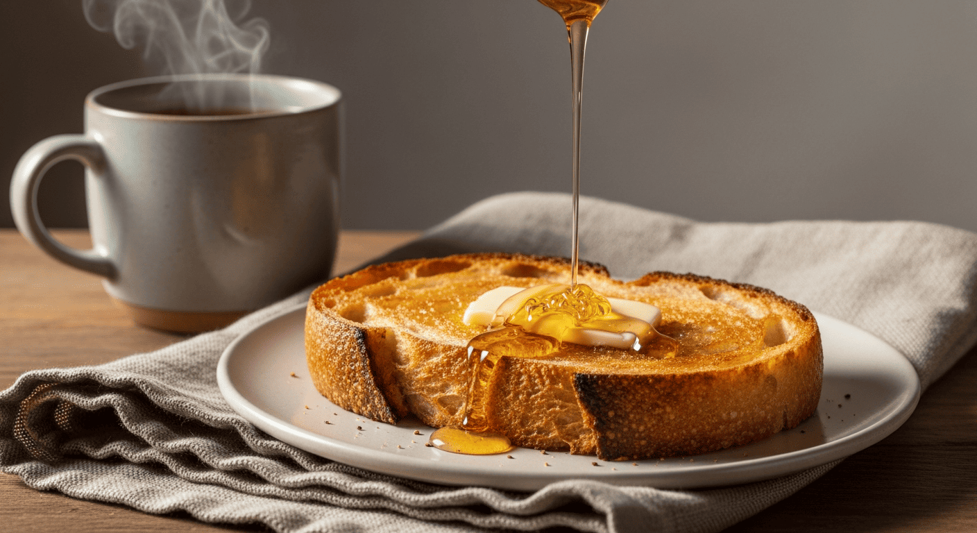 Honey being drizzled over warm sourdough toast, steam rising from a mug of tea beside it