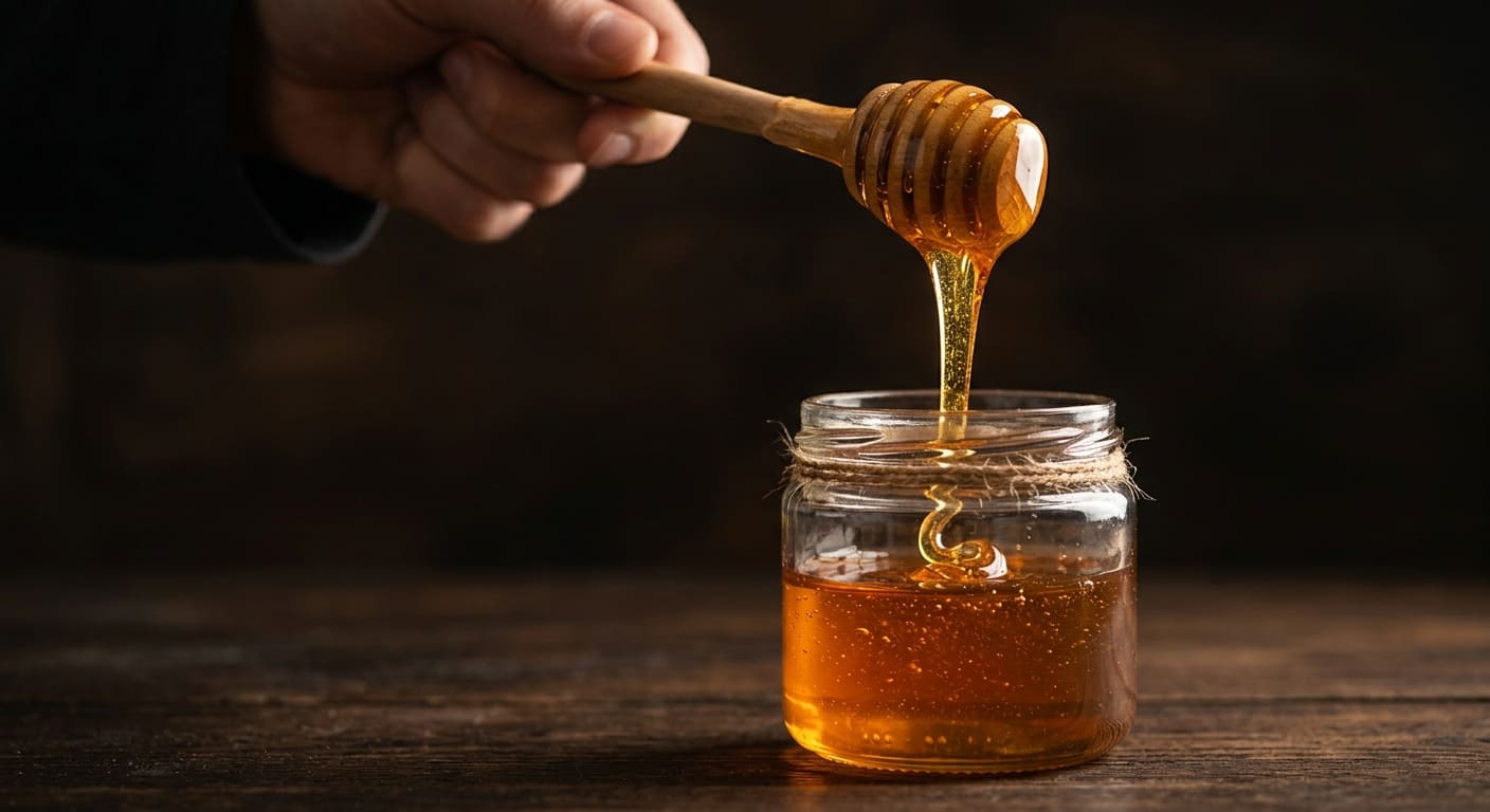 Honey dripping in a slow amber ribbon from a wooden dipper into a glass jar, warm side-lighting, dark moody background