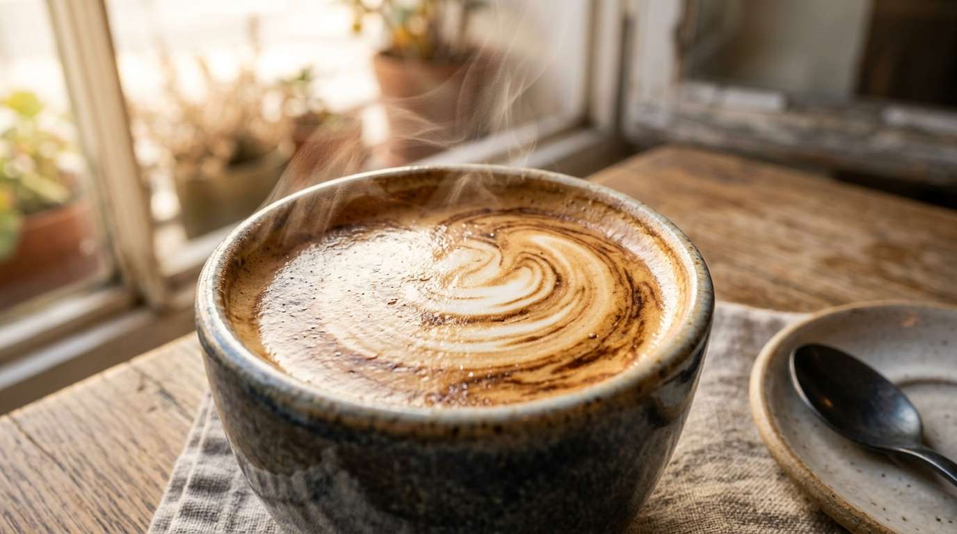 Hot cortado in small ceramic cup, steam rising, early morning window light, intimate scale