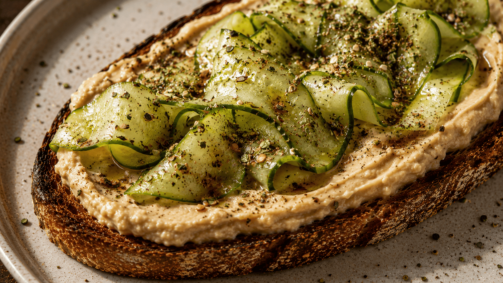 Hummus toast with cucumber ribbons and a green-flecked za'atar dusting